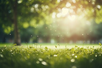 An abstract background with a blurry nature scene of a green park, featuring sun rays and bokeh effects