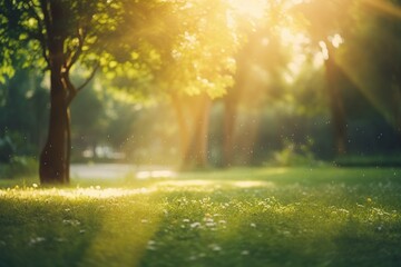 An abstract background with a blurry nature scene of a green park, featuring sun rays and bokeh effects - obrazy, fototapety, plakaty