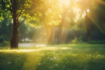Fotobehang An abstract background with a blurry nature scene of a green park, featuring sun rays and bokeh effects © Areesha