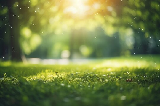 An abstract background with a blurry nature scene of a green park, featuring sun rays and bokeh effects © Areesha