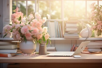 At home or in the studio, a desk with a laptop, books, and a plant with flowers. Create a desk mockup