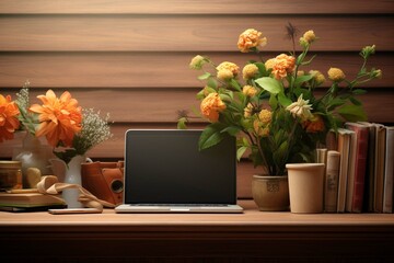 At home or in the studio, a desk with a laptop, books, and a plant with flowers. Create a desk mockup
