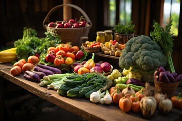 A rustic wooden table adorned with a spread of fresh farmers' market produce, conveying the farm-to-table concept and the importance of local, seasonal ingredients. Generative Ai.
