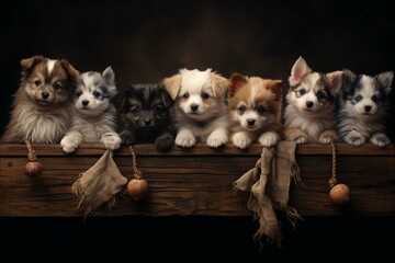 Banner of puppies and kittens in row, hanging its paws at wooden banner