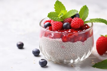 Chia pudding with berries and granola in glass on white background