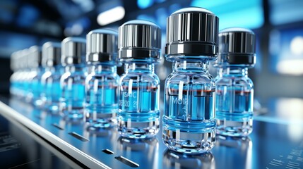 Precision Medicine: Sterile Vials Containing Blue Liquid Lined Up in a High-Tech Pharmaceutical Lab