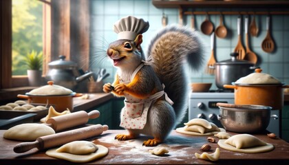 Chef Squirrel Preparing Dough - obrazy, fototapety, plakaty