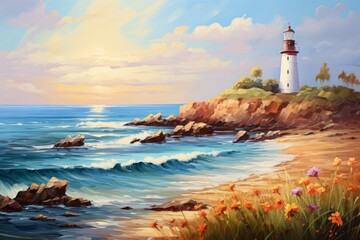 Panoramic Lighthouse Seascape Oil Painting - Wall Art - Poster - Printable - Print - Wallpaper - Background - Artwork  - obrazy, fototapety, plakaty