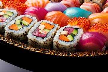 A plate of colorful sushi rolls arranged in a mosaic pattern, highlighting the creativity and innovation in modern sushi presentation. Generative Ai.