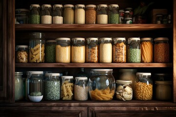 Food items stored in glass containers at home including pasta cereal salt wine and groceries - obrazy, fototapety, plakaty
