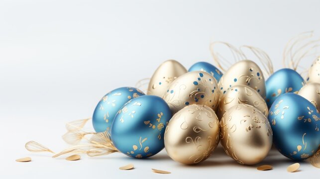 Easter eggs decorated with blue and gold patterns on a white background.