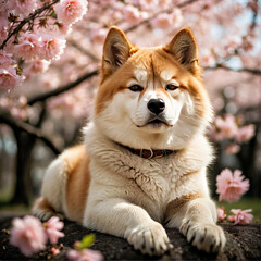 A Serene Dog Sitting Amongst Pink Flowers