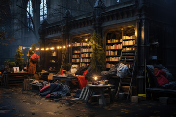 Naklejka premium A local library offering resources and shelter to the homeless during extreme weather conditions, illustrating the crucial role of public institutions. Generative Ai.