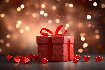 Obraz premium Gift box with hearts on blurred background. Valentines day