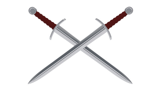 Crossed medieval sword with red handles isolated on transparent and white background. Knight concept. 3D render