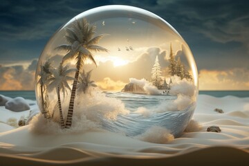 Inside the snow globe a picturesque beach scene