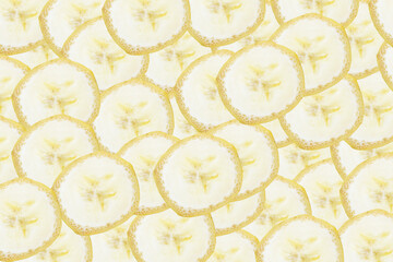 Banana slice background. Cut bananas pattern. Banana cross section. Yellow color fruit texture....