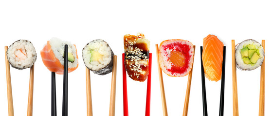 Different sushi isolated on white. Chopsticks with asian food, set