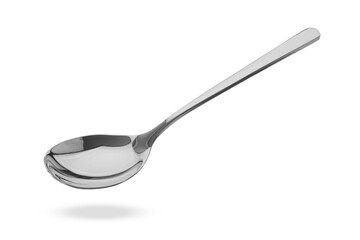 Silver spoon in air isolated on white - obrazy, fototapety, plakaty