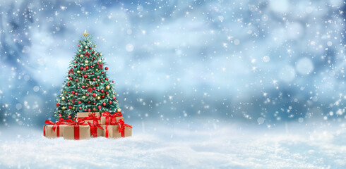 Beautiful Christmas tree with gift boxes on snow against blurred background. Banner design with space for text