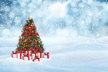 Beautiful Christmas tree with gift boxes on snow against blurred background. Space for text