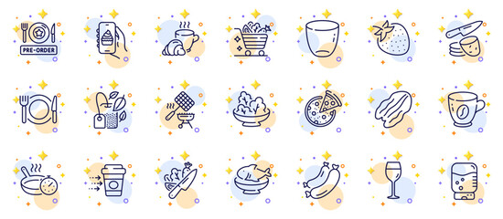 Outline set of Mint bag, Food app and Vegetables cart line icons for web app. Include Pizza, Potato chips, Pecan nut pictogram icons. Strawberry, Salad, Vegetable signs. Coffee delivery. Vector