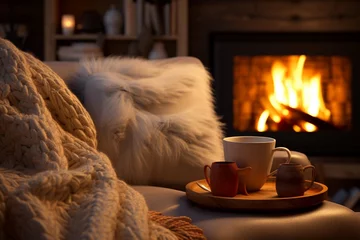 Poster Mug of hot tea in cozy living room with fireplace on a chair with blanket © Areesha