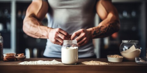 Fototapeta na wymiar Nutritional Ritual: A Man Prepares a Protein Shake on a Wooden Table Against the Backdrop of a Fitness Studio, Capturing the Essence of Health, Fitness, and Lifestyle in Closeup