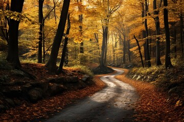 Street with fallen leaves along trees in autumn forest landscape