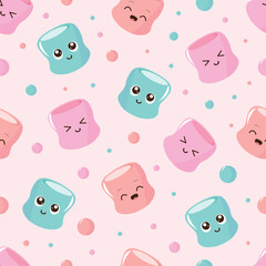 Seamless pattern with cartoon marshmallows. Vector character design.