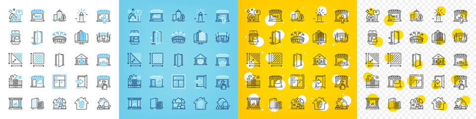 Vector icons set of Fireplace, Market seller and Market sale line icons pack for web with Door, Court building, Hotel outline icon. Arena stadium, Home moving, Buildings pictogram. Vector