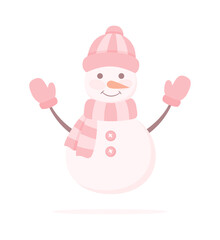 Cute smiling snowman in hat, scarf and mittens isolated on a white background. Flat vector illustration in pastel pink colors