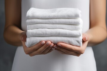 Stack of white folded towels in female hands - obrazy, fototapety, plakaty