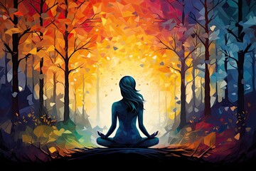 Woman doing yoga in the forest with colored trees. - obrazy, fototapety, plakaty