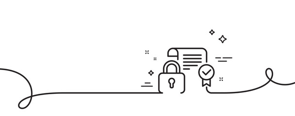 Security contract line icon. Continuous one line with curl. Cyber defence lock sign. Private protection symbol. Security contract single outline ribbon. Loop curve pattern. Vector