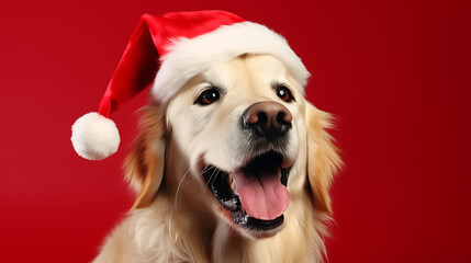 Cute happy golden retriever wearing santa hat on red isolated background with copyspace.