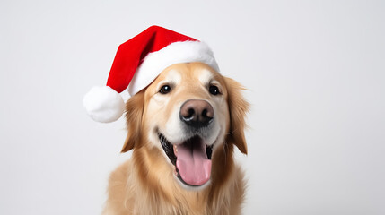 Cute happy golden retriever wearing santa hat on white isolated background with copyspace.