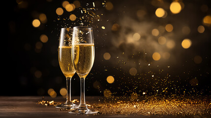 Two glasses of champagne on the dark background with copyspace. Close-up shot on a blurred background.