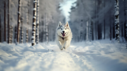 Beautiful wild wolf in a snowy winter forest.