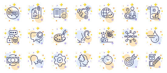 Outline set of Timer, Whisper and Employees messenger line icons for web app. Include Dao, Change money, Breathing exercise pictogram icons. World statistics, Technical info. Vector