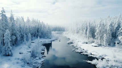 Beautiful winter snowy landscape. Drone view of the snowy forest and river.