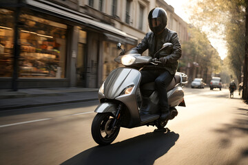 Motorcyclist in black jacket and helmet riding a scooter on the street
