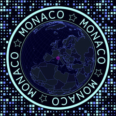 Monaco on globe vector. Futuristic satelite view of the world centered to Monaco. Geographical illustration with shape of country and squares background. Bright neon colors on dark background.