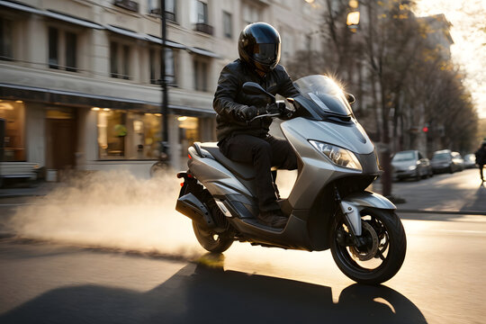 Motorcyclist in black jacket and helmet riding a scooter on the street
