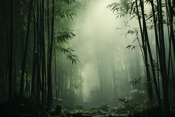 landscape of a bamboo grove in dense fog
