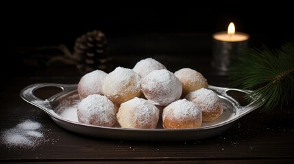Fototapeta na wymiar Ãbleskiver - Danish pancake balls, dusted with powdered sugar, festive winter background