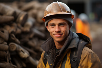 Fototapeta premium portrait of young man worker in a hard hat on a blurred industrial background