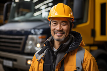 smiling asian man worker against the background of some heavy truck equipment