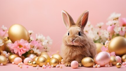 Naklejka na ściany i meble Easter bunny next to colored eggs.