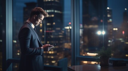 Handsome Caucasian Businessman in Stylish Suit Standing Next to Window in Big City Office with Skyscrapers Late At Night. Male CEO Using Smartphone To Check Work Emails.Business People. AI